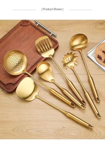 Premium 7-Piece Gold Kitchen Utensil Set with Stand, Stainless Steel Cooking Tools- Dishwasher Safe Ladle, Spoon, Spatula, Pasta Fork, Luxury Brass Kitchen Accessories for Home Chefs (Gold) - color: Gold