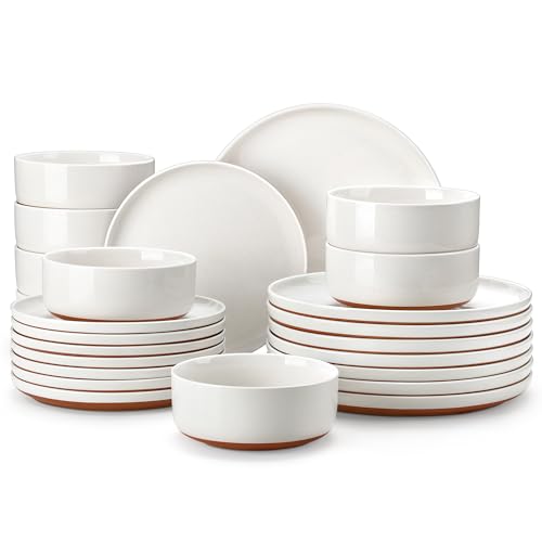 MALACASA Plates and Bowls Sets, 24 Pieces Modern Ceramic Dinnerware Set for 8 Kitchen Stoneware Dishes Dishware Set Microwave and Dishwasher Safe, White, Series TARA - color: White, size: 24 Pcs (Service for 8)