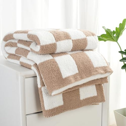 Carriediosa Checkered Throw Blanket 50x60, 400GSM Ultra Soft Microfiber | Taupe, Fuzzy Fluffy Cozy Plush Knit Knitted Plaid Checker, Lightweight Cute Preppy Fall Blankets & Throws for Couch, Bed - color: Check - Taupe, size: 50" X 60"