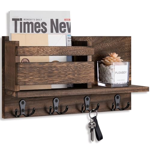 Key and Mail Holder for Wall Decorative - Rustic Mail Organizer Wall Mount, Wooden Letter Sorter Organizer with 4 Key Rack Hooks for Hallway Kitchen Farmhouse Decor (Brown) - color: A - Brown