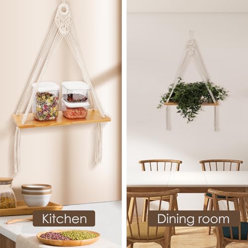 Sunkaioo Macrame Wall Hanging Shelf Set of 2,Boho Wooden Display Floating Shelves for Wall Decor with Handmade Woven Rope,Farmhouse Rustic Plant Shelf for Bedroom Dorm Nursery Living Room Bathroom