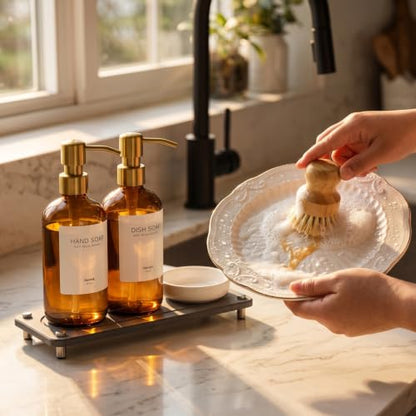Kitchen Soap Dispenser Set, 2 Pack 16oz Amber Glass Dish Soap and Hand Soap Dispenser with Gold Stainless Steel Pumps, Quick Dry Tray, Dish Brush & Holder, Refillable Soap Dispenser for Kitchen Sink
