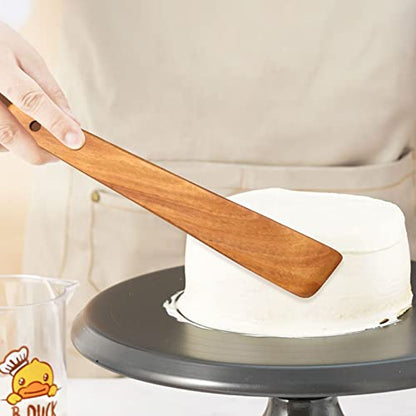 Non Toxic Wood Spatula for Cooking Spoon Teak Wooden Utensil Set Spurtle | Bamboo Kitchen Utensils Flat Turner Spatula Set for Kitchen Use Camping Egg Spatulas Sourdough Food Scraper Stirrer Spoon - size: 2 Pieces 12 Inches