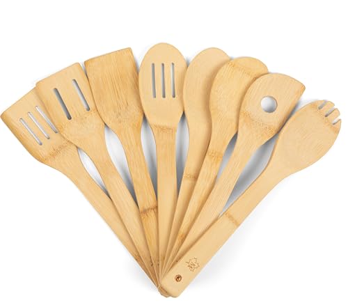Bamboo Spoons for Cooking - Set of 8 Spoons - Wooden Cooking Spoons - Non-toxic & Organic Bamboo Cooking Utensils with Spoon Set & Spatula - Premium Kitchen Utensils - color: Without Holder