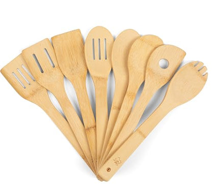 Bamboo Spoons for Cooking - Set of 8 Spoons - Wooden Cooking Spoons - Non-toxic & Organic Bamboo Cooking Utensils with Spoon Set & Spatula - Premium Kitchen Utensils - color: Without Holder