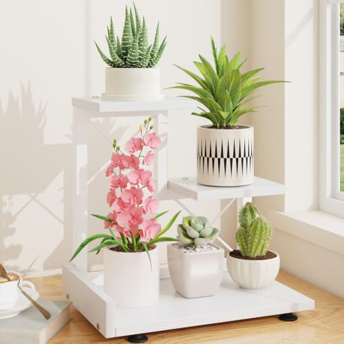 LASZOLA Plant Stand Indoor Tabletop Small for Desk, 3 Tier Wooden White | Corner Shelf for Succulents, Countertop Flower Holder Display Rack Organizer for Office Kitchen Decor, Desk Accessories - color: White