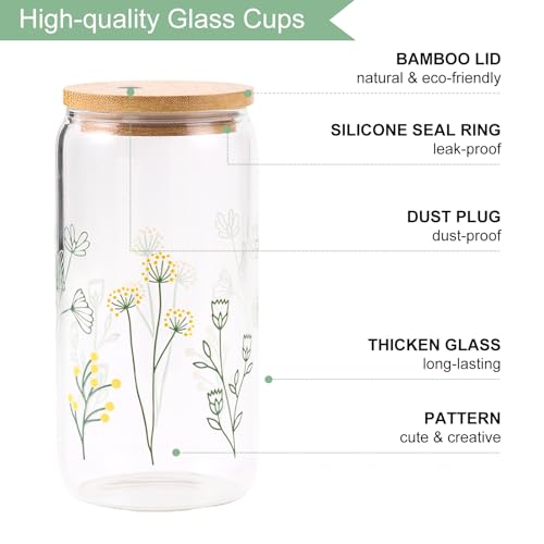 Floral Gifts for Women, Flower Glass Cup with Lid and Straw | Aesthetic Wildflower Iced Coffee Drinking Cup Tumbler stuff for Women Mom Anniversary Birthday Thanksgiving Christmas 16oz - style: Flowers