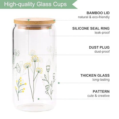 Floral Gifts for Women, Flower Glass Cup with Lid and Straw | Aesthetic Wildflower Iced Coffee Drinking Cup Tumbler stuff for Women Mom Anniversary Birthday Thanksgiving Christmas 16oz - style: Flowers