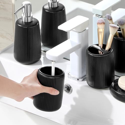 vancasso Ceramic Bathroom Accessories Set 4 Piece, Soap Dispenser with Stainless Steel Pump, Toothbrush Holder, Tumbler and Soap Dish, Modern Relief Design, Bathroom Decor Organizer, Black - style: Black