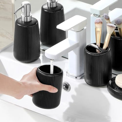 vancasso Ceramic Bathroom Accessories Set 4 Piece, Soap Dispenser with Stainless Steel Pump, Toothbrush Holder, Tumbler and Soap Dish, Modern Relief Design, Bathroom Decor Organizer, Black - style: Black