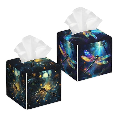 Dragonfly 2 Pcs Tissue Box Cover Square, Leather Tissue Box Holder for Bathroom Livingroom Bedroom, Fantasy Green Dragonfly Decorations Cube Tissue Holder - color: Dragonfly