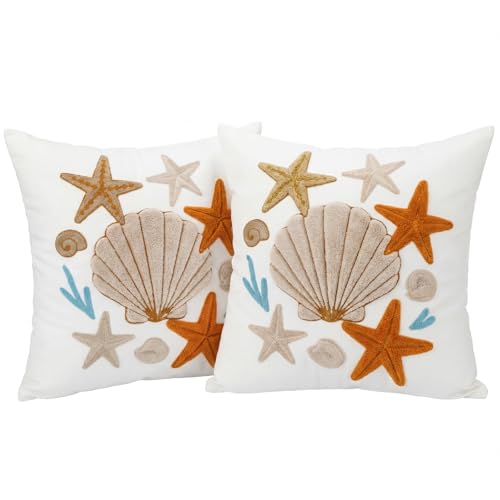 Moukeren 2 Pcs Seashell Starfish Throw Pillow Cover 18 x 18 Inch Summer Coastal Nautical Embroidered Decorative Pillow Cases Beach Ocean Square Cushion Cover for Sofa Couch Bedroom Decor Gift - style: Starfish Shells