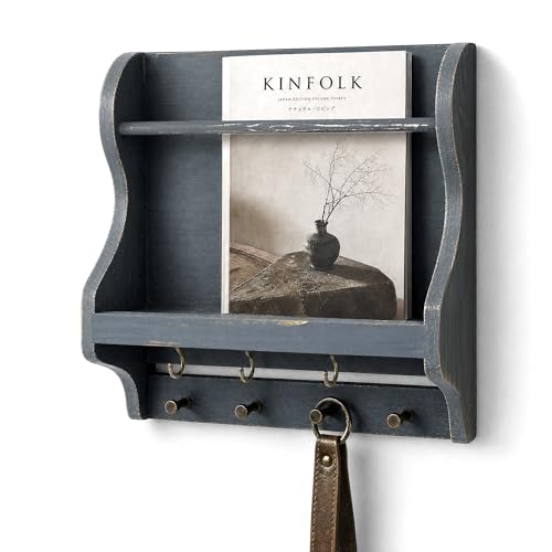 Pine Wood Mail Organizer Wall Mount with 7 Key Hooks Entryway, Royal Blue | Mail Holder for Wall, Key Hanger for Sunglasses and Wallets, Magazine Holder for Bill Storage, Apartment Rustic Aesthetic - color: Royal Blue