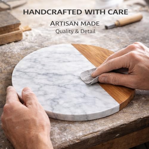 White Marble Board, 10 Inches | Cheese Board, Acacia Wooden Serving Tray, For Charcuterie, Cheese, Meats, Fruit, Crackers, Cutting Board, Round Slab - color: White, size: 10"L x 10"W