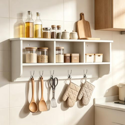 38.6inch Wall Mounted Entryway wooden Coat Rack with Storage Shelf 4 Dual Hooks Wooden Storage Living Room Wall Cabinet with 3 Cubbies Space Saving Hanging Shelf for Hats Bags Coats (White) - color: White