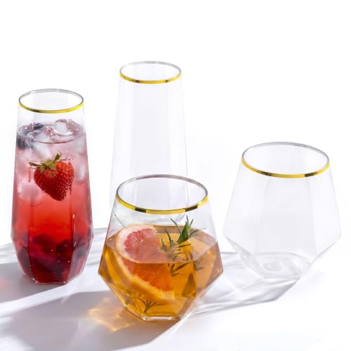 BESTSTAR 48 Pack Gold Rim Plastic Wine Glasses Set, BPA-Free Shatterproof | 24 9 OZ Stemless Champagne Flutes & 24 12OZ Diamond Wine Whiskey Glasses, Clear Drinkware for Weddings, Parties & Events - color: Gold Rim Diamond