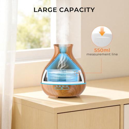 Aromatherapy Essential Oil Diffuser 550ml 12 Hours Wood Grain Aroma Diffuser with Timer Cool Mist Humidifier for Large Room, Home, Baby Bedroom, Waterless Auto Shut-off,7 Colors Lights Changing - color: Brown