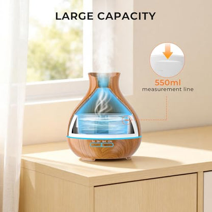 Aromatherapy Essential Oil Diffuser 550ml 12 Hours Wood Grain Aroma Diffuser with Timer Cool Mist Humidifier for Large Room, Home, Baby Bedroom, Waterless Auto Shut-off,7 Colors Lights Changing - color: Brown