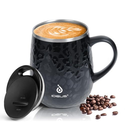 Ideus 16 oz Insulated Coffee Mug with Handle and Lid, Double Wall Stainless Steel Vacuum Thermal Coffee Mug, Travel Coffee Cup Thermal Cup for Home and Office (Leopard Black, FUJI DAWN) - color: Leopard Black