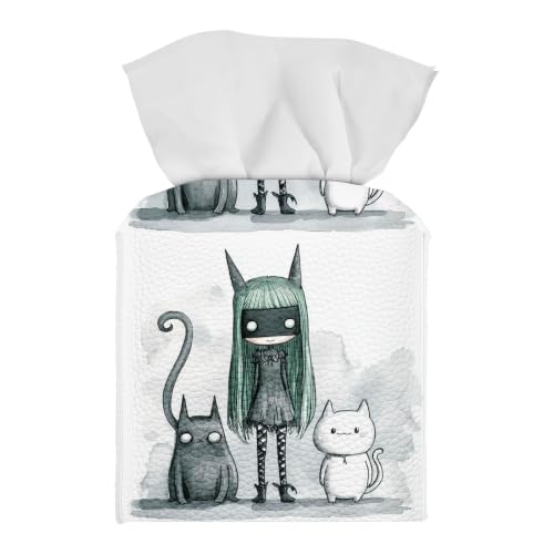 Tissue Box Cover Square, PU Leather Tissue Box Holder for Bathroom, Living Room & Office Desk, Green-Haired Girl with Cats, Decorative Modern Tissue Box Cover - color: Green-haired Girl With Cats