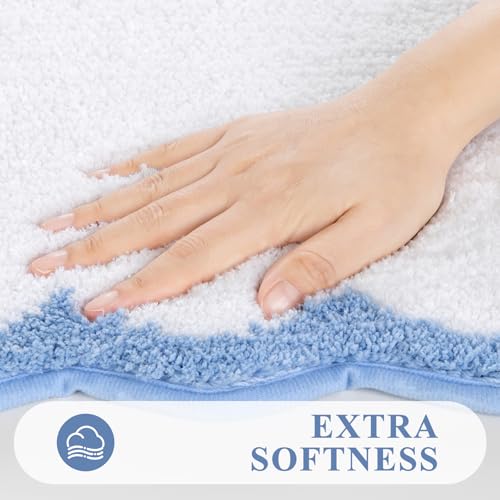 Pauwer Bathroom Rug Sets 3 Piece, Scalloped Bath Rugs, White and Blue | Non Slip Washable Bath Mat With U-Shaped Toilet Rug, Extra Absorbent Quick Dry, For Floor Sink - color: White and Blue
