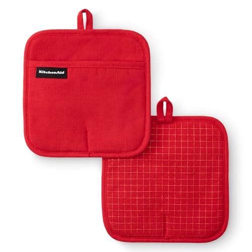 KITCHENAID Gourmet Series Gridlines Pot Holders 2-Pack Set, Heat Resistant up to 600°F, Soft Silicone Grip, Magnetic Cuff, Passion Red, 8"x8" - color: Passion Red