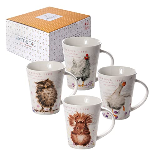 SPOTTED DOG GIFT COMPANY Animal Coffee Mugs Set of 4, 12.2 oz Ceramic Mugs & Tea Cups with Owl Squirrel Chicken Goose Designs, Microwave & Dishwasher Safe, Animal Lover Gifts for Women & Men