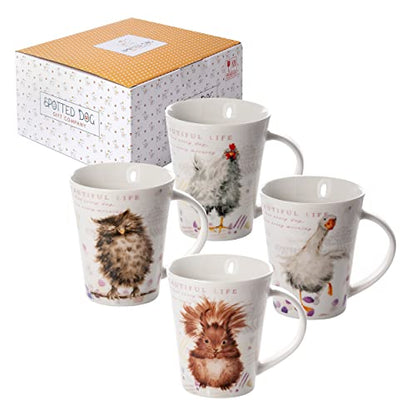 SPOTTED DOG GIFT COMPANY Animal Coffee Mugs Set of 4, 12.2 oz Ceramic Mugs & Tea Cups with Owl Squirrel Chicken Goose Designs, Microwave & Dishwasher Safe, Animal Lover Gifts for Women & Men