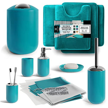 Clara Clark Bathroom Set - Teal Bathroom Accessories Set, Bathroom Sets with Shower Curtain and Rugs, 23PC Shower Curtain Set with Liner, Soap Dispenser, Soap Dish, Toilet Brush Holder, and Trash Can - color: Teal, size: Complete Set + Bath Rugs