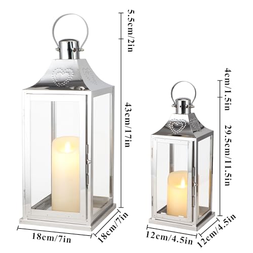 TRIROCKS Set of 2 Stainless Steel Lanterns 17"&12" H Decorative Outdoor Lantern Candle Holder with Tempered Glass for Living Room Wedding Parties Gifts Indoors Outdoors(Silver)