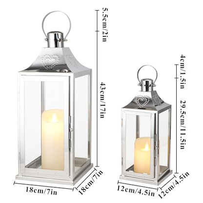 TRIROCKS Set of 2 Stainless Steel Lanterns 17"&12" H Decorative Outdoor Lantern Candle Holder with Tempered Glass for Living Room Wedding Parties Gifts Indoors Outdoors(Silver)