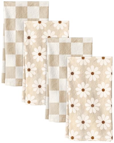 4 Pack 150GSM Flour Sack Kitchen Towels, Beige Daisy | 16"x26", Lightweight, Lint-Free, Pure Cotton, Decorative, with Hanging Loop, Absorbent, Softer after Wash, Versatile, Durable - color: Beige Daisy