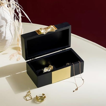 Wooden Keepsake Box - Black & Gold Boxes with Bow Accent, Decorative Storage Gift Box for Jewelry Love Letters Photos, 6.93" W