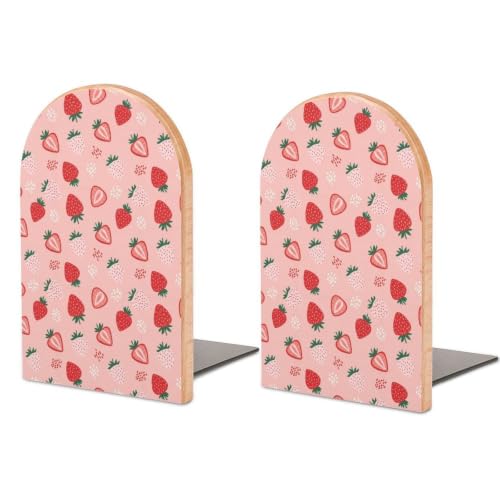 Wood Book Ends Heavy Duty Bookends Support with Metal Base, Strawberry | Book Stopper, Non-Slip and Sturdy, Decorative for Home Office and Library - color: Style(519)