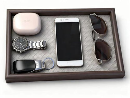 Wooden Valet Tray with Leather Base - Nightstand Catchall Organizer for Cologne, Perfume, Keys, Wallet, Phone, Watch, Jewelry & Sunglasses (Llight Gray) - color: Llight Gray