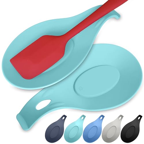 Turquoise Spoon Rest for Stove Top, Set of 2, XL 9.2 Inch, DISHWASHER SAFE | NON-STICK Silicone Surface for Quick Cleanup, Non-Slip, Safe for Glass and Induction Cooktops, Raised Edges Catch Drips - color: Pastel Turquoise - 2 Pcs
