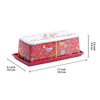 Bico Red Spring Bird Ceramic Butter Dish with Lid, Wide Butter Keeper for Counter, Kitchen Countertop, Microwave and Dishwasher Safe - color: Red Spring Bird