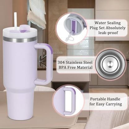 4 Pack 40 Oz Tumbler with Handle Bulk, Double Wall Vacuum Insulated Stainless Steel Tumbler with Lid and Straw, 40 oz cup with Silicone Spill Proof Stopper Set (Purple) - color: Purple
