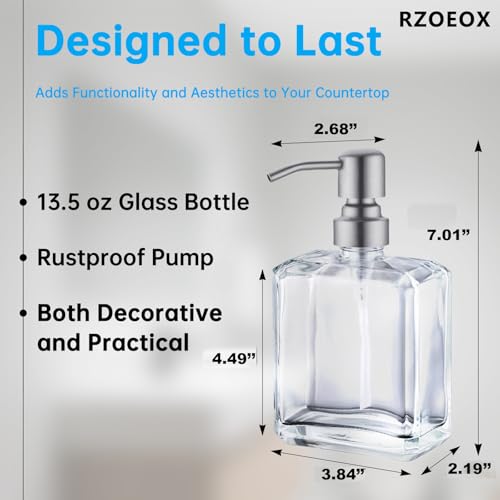Clear Glass Soap Dispenser with Brushed Nickel Pump, 13.5 OZ Liquid Soap Dispenser Square with Stainless Steel Pump for Dish Hand Soap Bathroom Kitchen Vanity Countertop - color: Brushed Nickel, size: 13.5 oz