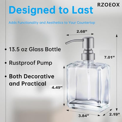 Clear Glass Soap Dispenser with Brushed Nickel Pump, 13.5 OZ Liquid Soap Dispenser Square with Stainless Steel Pump for Dish Hand Soap Bathroom Kitchen Vanity Countertop - color: Brushed Nickel, size: 13.5 oz