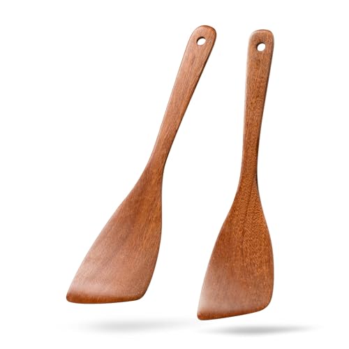 Wooden Spatulas for Cooking, 2 Pack, 12.8 Inch, Sapele Wood | Thin flat edges help flip, stir and scrape; long handles provide comfortable reach and stay gentle on nonstick cookware. - color: Sapele Reddish Brown, size: Thin 12.8" Angled Edge