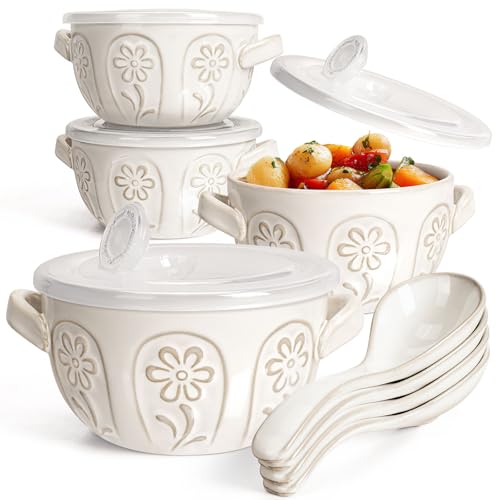 French Onion Soup Bowls with Handles and lids & Spoons, 20 Oz Ceramic Soup Crocks Oven Safe Serving Bowls for Chili, Beef Stew, Cereal, Pot Pies, Embossment, Set of 4, White (Pinwheel Flower) - color: White (Pinwheel Flower)