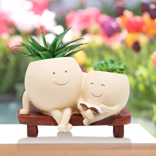 LAUGOKEBE Cute Smily Face Plant Pot for Indoor Outdoor with Drainage Hole | Unique Double Head Reading Book Planters, Funny Succulent Flower Pots, Plant Gifts for Mother's Day, Birthday, Christmas