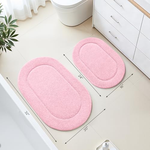 HOMEIDEAS Pink Bathroom Rug Sets 2 Piece 20" x 32" + 16" x 24" | Microfiber Bath Mats, Non-Slip TPR Backing, Ultra Absorbent & Quick Dry, Machine Washable for Bathroom, Shower, Tub - color: Pink