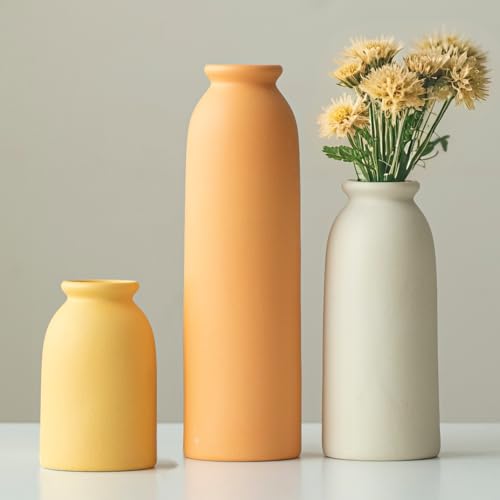 10.4 inches Tall Decorative Ceramic Vase Set, 3 Pieces, 10 inches Nordic Modern Style, White, Farmhouse Home Boho Shelf Decor(Orange) - color: Standard Orange