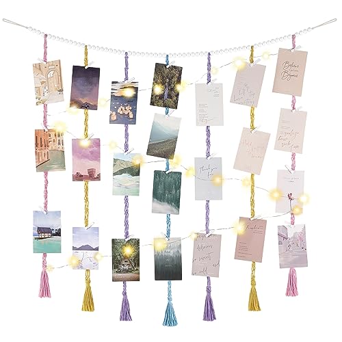 Mkono Hanging Photo Display, Boho Macrame Wall Decor with Lights, Multi | 45 Clips, String Lights, Teen Girl Stuff Gifts, Wooden Beads Banner, Pictures Postcards Holder, Bedroom Living Room Dorm - color: Multi, size: Large