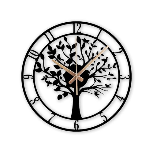 Metal Large Tree of Life Wall Clock, Wall Clock with Bird on Tree Design, Battery Operated Non Ticking Silent Black Modern Clock, Clocks for Home, Living Room, Office, Kitchen, Farmhouse Decorative - color: Design C, size: 35 x 35 inches