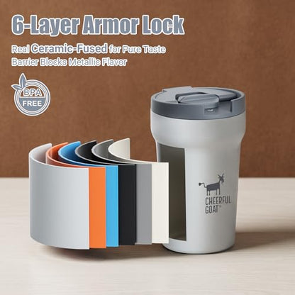 CHEERFUL GOAT Travel Coffee Mug – Stainless Steel Ceramic Lined Mug Insulated Tumbler, with lid, 12oz Leak Proof Cup for Hot and Cold Water Coffee at Home, Office, or On the Go (Grey) - color: Gray