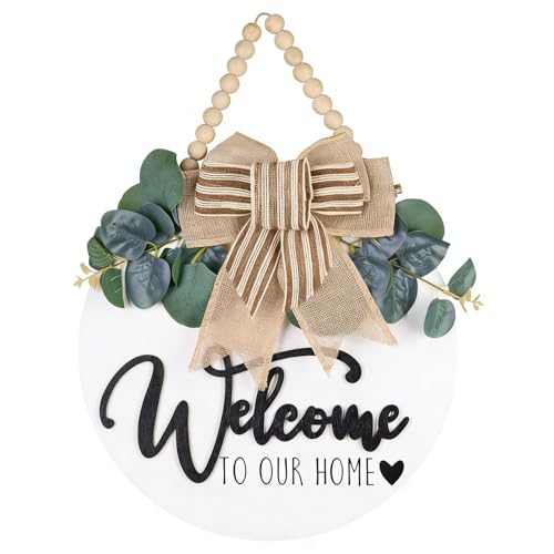 3D Welcome Door Sign - 12" Round Solid Wooden Hanging Sign with Artificial Leaves & Rustic Beads, All Seasons Farmhouse Porch Decor, Welcome Home Sign for Indoor Outdoor Christmas Housewarming Gift - color: Oak_White