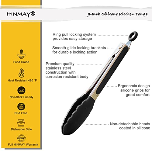 HINMAY 9-Inch Serving Tongs Silicone Tongs, Set of 3 (Black White Gray) - color: Black Gray White